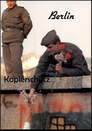 ÄLTERE POSTKARTE BERLIN BERLINER MAUER 1989 MAUERFALL DDR GRENZER SOLDAT ROTE NELKE PEACE LE MUR THE WALL Ansichtskarte
