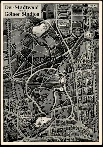 ALTE POSTKARTE KÖLN DER STADTWALD UND DAS KÖLNER STADION LINDENTHAL BRAUNSFELD MÜNGERSDORF STADTPLAN MAP CÖLN