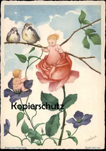 ALTE KÜNSTLER POSTKARTE KINDER VERMENSCHLICHT ROSE UND KLEMATIS SPIEL MIT MIR PROFESSOR STRÄTER Ansichtskarte AK cpa