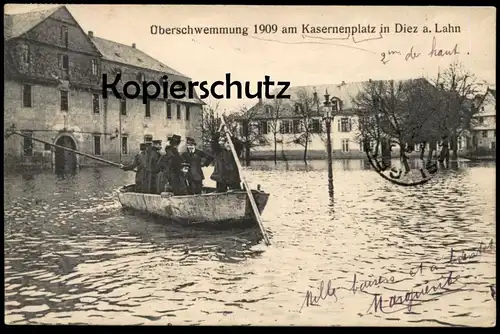 ALTE POSTKARTE DIEZ AN DER LAHN ÜBERSCHWEMMUNG KASERNENPLATZ 1909 Flut Flood inondation Ansichtskarte cpa postcard