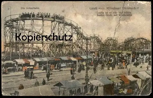 ALTE POSTKARTE MÜNCHEN GRUSS VOM MÜNCHNER OKTOBERFEST DIE ACHTERBAHN roller coaster Lustig ist es hier und schön...