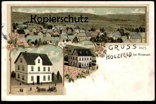 ALTE LITHO POSTKARTE GRUSS AUS HOLZFELD BEI HIRZENACH SCHULHAUS GASTWIRTSCHAFT VON ANTON KARBACH BOPPARD cpa postcard AK