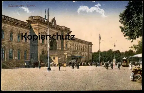 ALTE POSTKARTE MAGDEBURG BAHNHOF 1918 mit Verkaufsstand Strassenbahn station gare Ansichtskarte postcard cpa AK