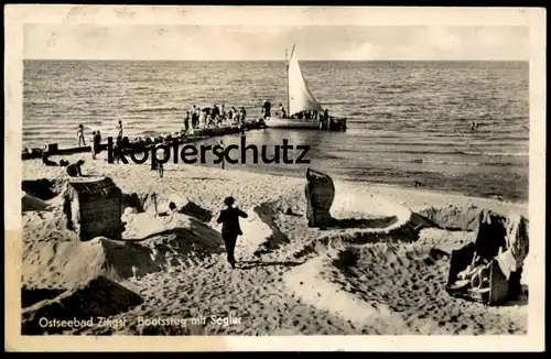 ALTE POSTKARTE OSTSEEBAD-ZINGST BOOTSSTEG MIT SEGLER DARSS STRANDLEBEN STRANDKORB Ansichtskarte postcard cpa AK