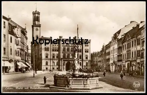 ALTE POSTKARTE ZITTAU MARKT MIT ROLANDBRUNNEN Uhrmacher Robert... Heizwaren Brunnen Oberlausitz Sachsen Ansichtskarte AK