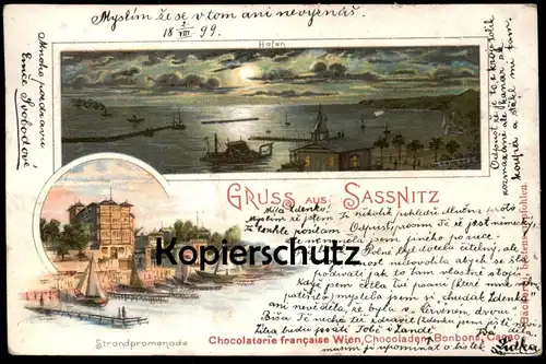 ALTE LITHO POSTKARTE GRUSS AUS SASSNITZ INSEL RÜGEN Strandpromenade Hafen Chocolaterie francaise Wien Ansichtskarte AK