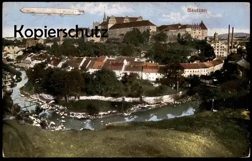 ALTE POSTKARTE BAUTZEN IN SACHSEN TOTALANSICHT MIT ZEPPELIN airship dirigible Ansichtskarte postcard cpa AK