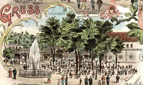 ALTE LITHO POSTKARTE GRUSS AUS DEM GARTEN-RESTAURANT BADEGARTEN ZWICKAU E. STARKE SIGN. PFARRER GROHMANN Anischtskarte