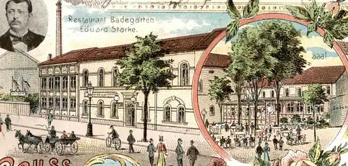ALTE LITHO POSTKARTE GRUSS AUS DEM GARTEN-RESTAURANT BADEGARTEN ZWICKAU E. STARKE SIGN. PFARRER GROHMANN Anischtskarte