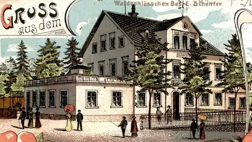 ALTE LITHO POSTKARTE GRUSS AUS DEM WALDSCHLÖSSCHEN IN PÖHLAU BEI ZWICKAU E. Schettler Freitags Berg Ansichtskarte AK cpa