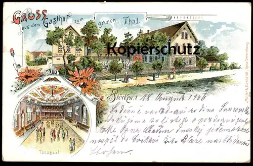 ALTE LITHO POSTKARTE GRUSS AUS DEM GASTHOF ZUM GRÜNEN THAL STÖCKEN LANGENBERNSDORF Trünzig Crimmitschau Ansichtskarte