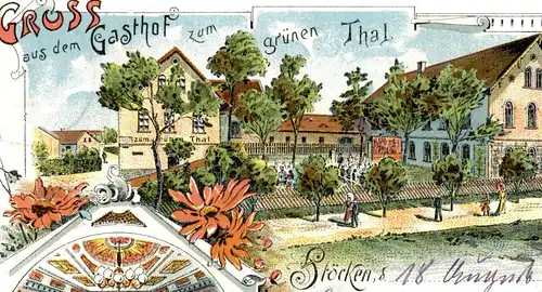 ALTE LITHO POSTKARTE GRUSS AUS DEM GASTHOF ZUM GRÜNEN THAL STÖCKEN LANGENBERNSDORF Trünzig Crimmitschau Ansichtskarte