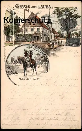 ALTE LITHO POSTKARTE GRUSS AUS LAUSA HENNIG'S GASTHOF DAMPFLOK BEHÜT DICH GOTT TROMPETER WEIXDORF DRESDEN Ansichtskarte