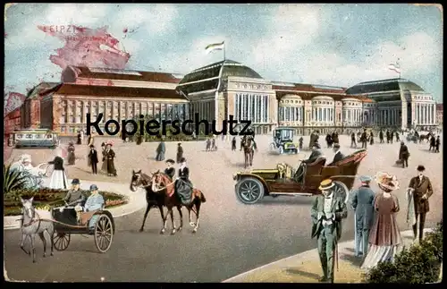 ALTE POSTKARTE LEIPZIG HAUPTBAHNHOF Fotomontage Auto Kutsche montage photo Bahnhof gare station Ansichtskarte postcard