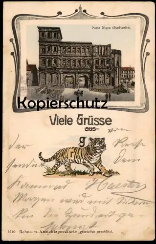 ALTE POSTKARTE VIELE GRÜSSE AUS TIGER RÄTSEL TRIER HUMOR REBUS Porta Nigra Ansichtskarte postcard cpa AK