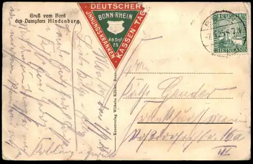 ALTE POSTKARTE BONN DAMPFERHALTESTELLE FESTFAHRT DAMPFER HINDENBURG KRANKENKASSEN-TAG 08.09.1925 steam ship bateau IKK