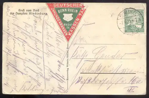 ALTE POSTKARTE BONN DAMPFERHALTESTELLE FESTFAHRT DAMPFER HINDENBURG KRANKENKASSEN-TAG 08.09.1925 steam ship bateau IKK