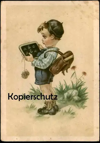 ALTE POSTKARTE SCHÜLER JUNGE SCHIEFERTAFEL TAFEL Einschulung Schultasche Ranzen Tornister Tasche boy enfant Schuljunge