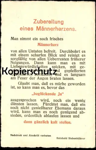 ALTE POSTKARTE ZUBEREITUNG EINES MÄNNERHERZENS REZEPT REINHOLD SIEBENHÜHNER heart recipe recette coer Ansichtskarte
