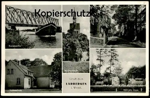 ALTE POSTKARTE LADBERGEN KANALPARTIE KANAL SCHIFF GRETE VOLKSSCHULE SCHULE 1000 JAHR STEIN DORFSTRASSE Ansichtskarte AK