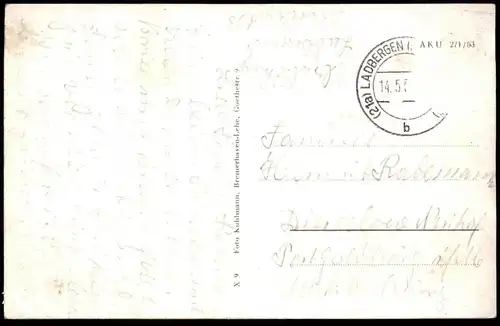 ALTE POSTKARTE LADBERGEN KANALPARTIE KANAL SCHIFF GRETE VOLKSSCHULE SCHULE 1000 JAHR STEIN DORFSTRASSE Ansichtskarte AK