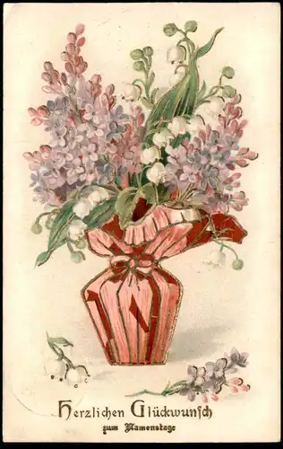 ALTE PRÄGE POSTKARTE HERZLICHEN GLÜCKWUNSCH ZUM NAMENSTAGE VERGOLDET MAIGLÖCKCHEN lily of the valley muguet flower AK