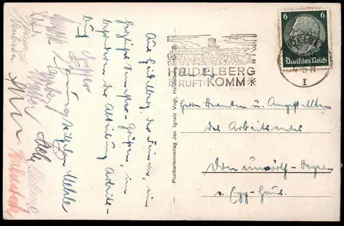 ALTE POSTKARTE HEIDELBERG PARTIE VOM BURGWEG AUS GESEHEN 1935 STEMPEL HEIDELBERG RUFT: KOMM postcard Ansichtskarte cpa