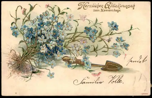 ALTE PRÄGE POSTKARTE HERZLICHEN GLÜCKWUNSCH ZUM NAMENSTAGE VERGOLDET Blume Blumen fleurs flower Ansichtskarte postcard