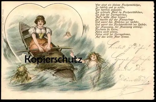 ALTE LITHO POSTKARTE FISCHERMÄDCHEN NIXE MEERJUNGFRAU Oceaniden mermaid femme 1898 waves Wellen postcard Ansichtskarte