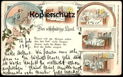 ALTE LITHO POSTKARTE SCHLAFMÜTZIGE LIESEL WIRD VON FEUERWEHR GEWECKT MOND SONNE VERMENSCHLICHT pompiers fire brigade