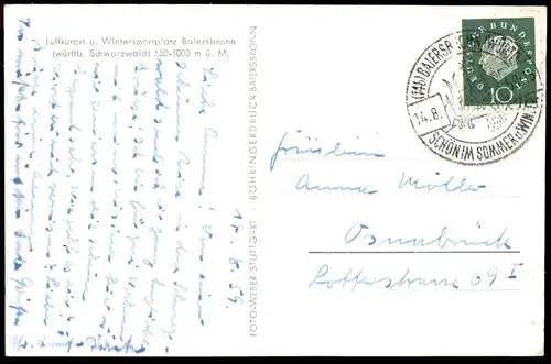 ÄLTERE POSTKARTE LUFTKURORT & WINTERSPORTPLATZ BAIERSBRONN 1959 Schwarzwald Black Forest postcard cpa AK Ansichtskarte