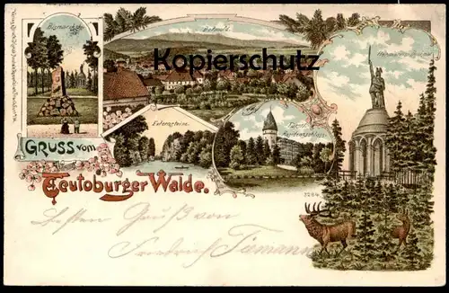 ALTE LITHO POSTKARTE GRUSS VOM TEUTOBURGER WALDE 1899 DETMOLD BISMARCKSTEIN HERMANNSDENKMAL RESIDENZSCHLOSS EXTERNSTEINE