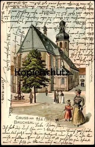 ALTE LITHO POSTKARTE GRUSS AUS BRUCHSAL STADTKIRCHE 1903 church église Frau Hut Hund Kind Ansichtskarte AK postcard cpa