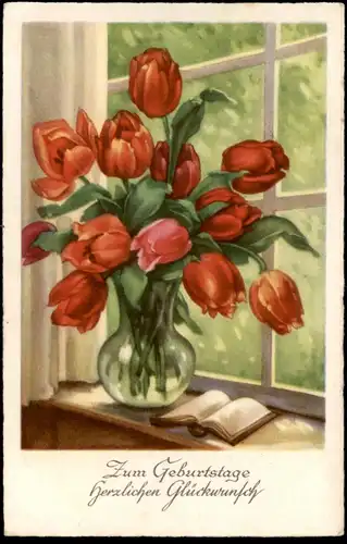 ALTE POSTKARTE ZUM GEBURTSTAGE HERZLICHEN GLÜCKWUNSCH TULPEN BUCH Blumen Tulpe tulip tulipe flowers fleurs flower book