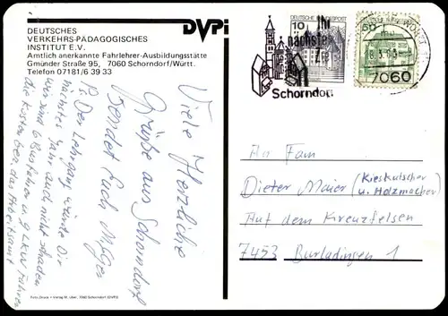 ÄLTERE POSTKARTE SCHORNDORF DEUTSCHES VERKEHRS-PÄDAGOGISCHES INSTITUT E.V. FAHRLEHRER AUSBILDUNGSSTÄTTE VW GOLF postcard
