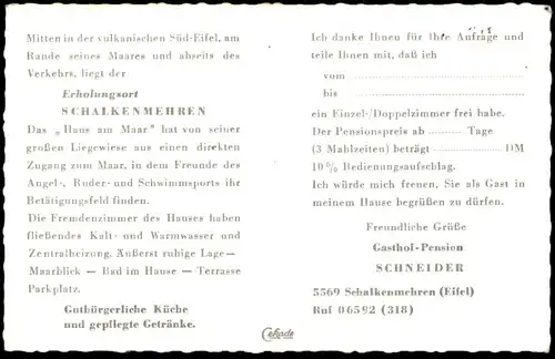 ÄLTERE WERBE-POSTKARTE SCHALKENMEHREN EIFEL HAUS AM MAAR GASTHOF PENSION SCHNEIDER cpa postcard AK Ansichtskarte