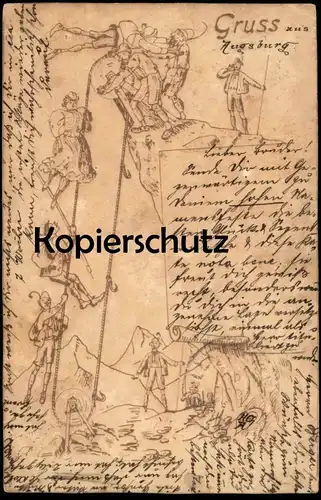 ALTE POSTKARTE KRITIK TOURISMUS IN DEN ALPEN GRUSS AUS AUGSBURG 1900 Humor humour Berge Ansichtskarte postcard cpa AK