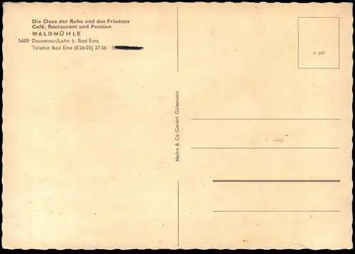 ÄLTERE POSTKARTE WALDMÜHLE DAUSENAU LAHN OASE DER RUHE UND DES FRIEDENS BEI BAD EMS NASSAU cpa postcard AK Ansichtskarte
