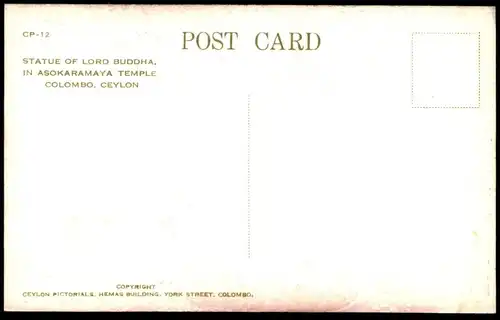 ÄLTERE POSTKARTE STATUE OF LORD BUDDHA ASOKARAMAYA TEMPLE COLOMBO CEYLON SRI LANKA Ansichtskarte cpa postcard AK
