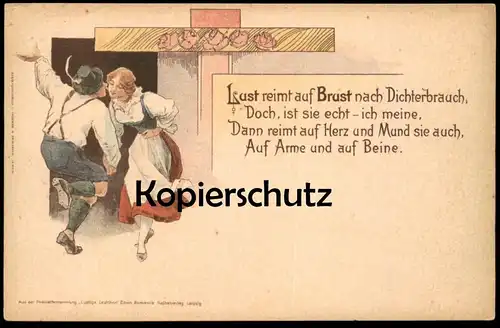 ALTE POSTKARTE DICHTER LUST REIMT SICH AUF BRUST HERZ MUND ARME BEINE Poet Gedicht Leipzig breast postcard Ansichtskarte