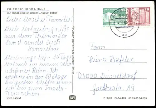 ÄLTERE POSTKARTE FRIEDRICHRODA THÜRINGEN MIT FDGB ERHOLUNGSHEIM AUGUST BEBEL Gesamtansicht Totalansicht Ansichtskarte