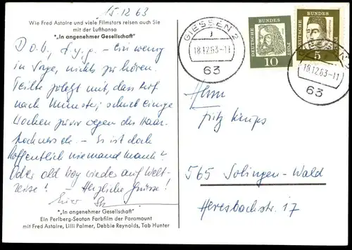 ÄLTERE POSTKARTE LUFTHANSA IN ANGENEHMER GESELLSCHAFT FRED ASTAIRE LILLI PALMER DEBBIE REYNOLDS TAB HUNTER LH postcard