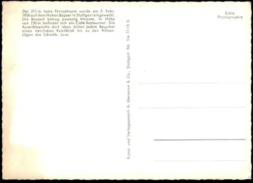 ÄLTERE POSTKARTE STUTTGART DER FERNSEHTURM AUF DEM HOHEN BOPSER HÖHE 211m Turm tower tour Ansichtskarte postcard AK cpa