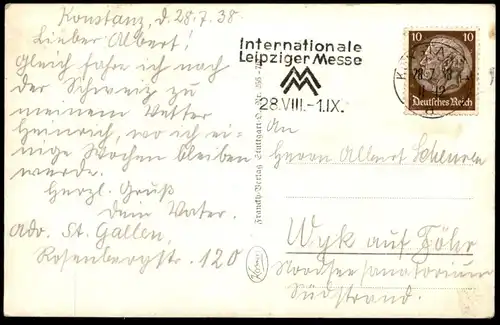ALTE POSTKARTE KONSTANZ BODENSEE 1938 Kosmos Verlag Ansichtskarte Stempel Konstanz Maschinenwerbestempel Leipziger Messe