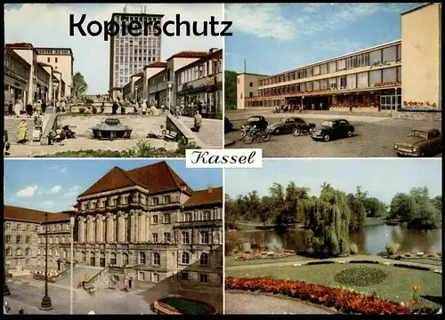 ÄLTERE POSTKARTE KASSEL HAUPTBAHNHOF TREPPENSTRASSE RATHAUS INSEL SIEBENBERGEN VW KÄFER FAHRRAD Bahnhof station gare AK