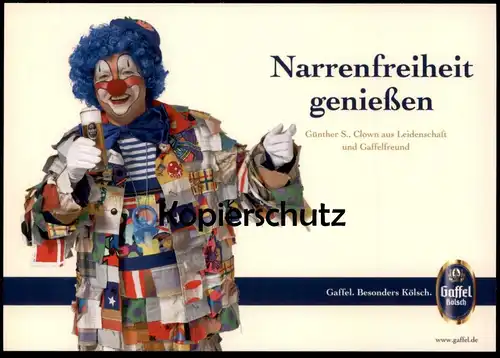 POSTKARTE NARRENFREIHEIT GENIESSEN CLOWN KÖLN GAFFEL KÖLSCH KARNEVAL CARNEVAL ALKOHOL DRUNKEN beer alcohol bière alcool