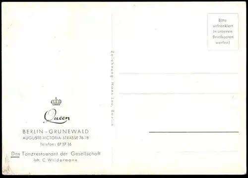 ALTE POSTKARTE QUEEN DAS TANZRESTAURANT DER GESELLSCHAFT BERLIN GRUNEWALD AUGUSTE-VICTORIA-STRASSE C. WILDERMANN
