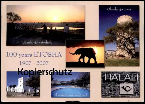 POSTKARTE 100 YEARS ETOSHA 1907-2007 NAMIBIA OKAUKUEJO WATERHOLE HALALI NAMUTONI FORT Elephant Elefant Namibie Zebra