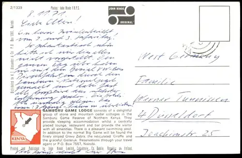 ÄLTERE POSTKARTE KENIA SAMBURU GAME LODGE ZEBRA FELL Kenya East Africa Afrika postcard cpa AK Ansichtskarte