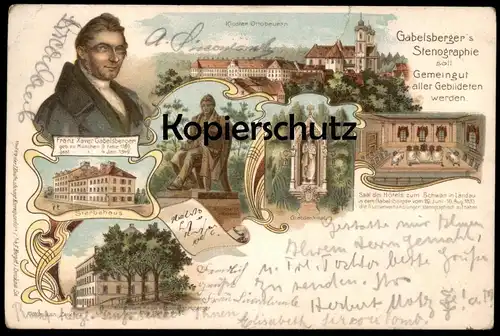 ALTE LITHO POSTKARTE FRANZ XAVER GABELSBERGER STENOGRAPHIE STENO ZUM SCHWAN LANDAU OTTOBEUREN Ansichtskarte postcard